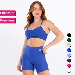 Conjunto Fitness Top Alça Short Legging Poliamida Premium Cós Alto Feminino Liso Básico Academia