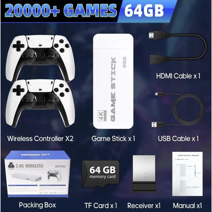 2025 NOVO Vídeo Game Stick M15 Pro 4k 64gb Hdmi Com 2 Controles Se Fio +20mil Jogos