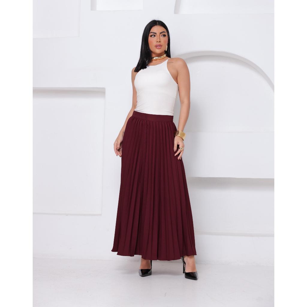 Saia Plissada Longa de Alfaiataria de Alto Padrão Elegante Casual Evangélica