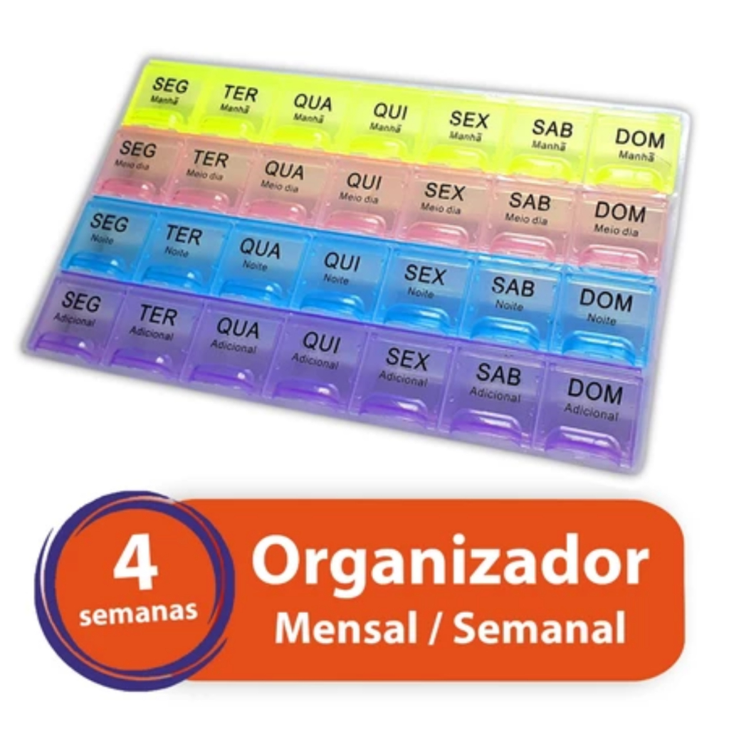 Porta Comprimido Organizador Remédios Medicamentos Semanal Mensal Colorida 2 em 1 Pronta Entrega