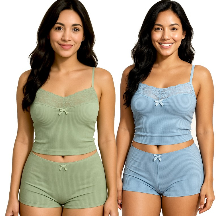 Kit 2 Baby Doll Canelado Verde/Azul Com Renda Confortável Com Toque Aveludado K2VABDCRCTA065