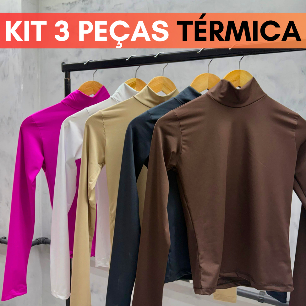 Kit 3 Blusa Feminina Cacharrel Manga Longa Gola Alta Segunda Pele Térmica Suplex Modeladora Inverno