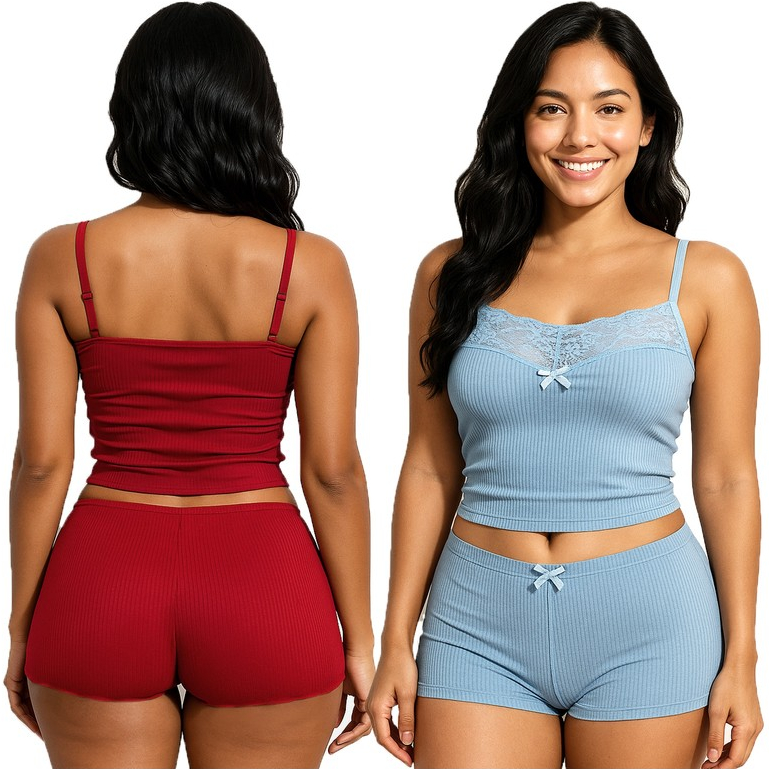 Kit 2 Baby Doll Canelado Azul/Vermelho Com Renda Confortável Com Toque Aveludado K2AVBDCRCTA065