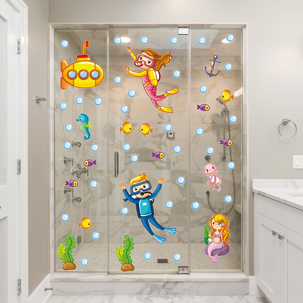Adesivo Infantil Para Box Banheiro Fundo do Mar Mergulhadores - box005 em Oferta na Shopee