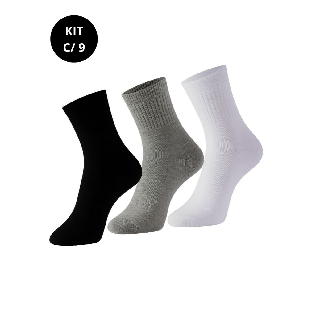 Kit 9 Meias Cano Médio Mista Adulto | Enviadas Aleatoriamente | Ajuste Seguro e Ventilação na Medida Certa em Oferta na Shopee
