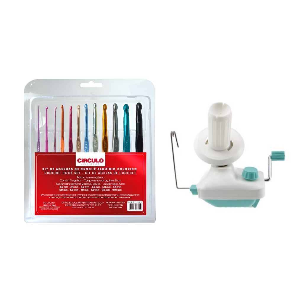 Máquina Enroladora de Fios Círculo 475939 + Kit 12 Agulhas de Crochê de Alumínio Colorido Círculo