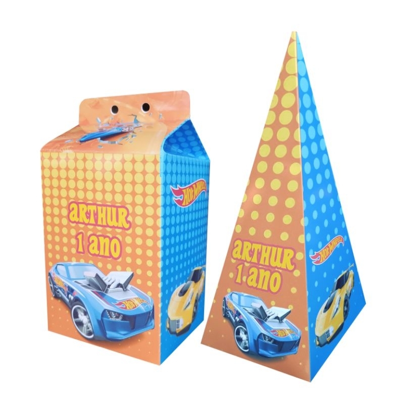 kit festa infantil 5 Caixinhas Milk + 5 Caixinhas Pirâmide Lembrancinha de Aniversário Personalizada Hot Wheels
