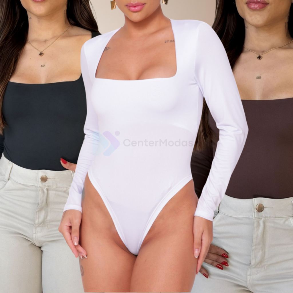 KIT 3 Body Manga Longa Feminino Decote Quadrado Suplex Bory Inverno Bori Segunda Pele Blus...