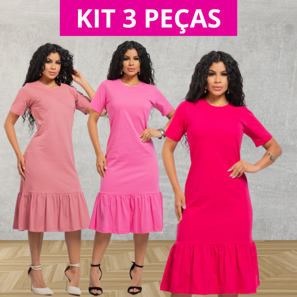 Kit 3 Vestido Soltinho Elegante Moda Cristã Manga Curta