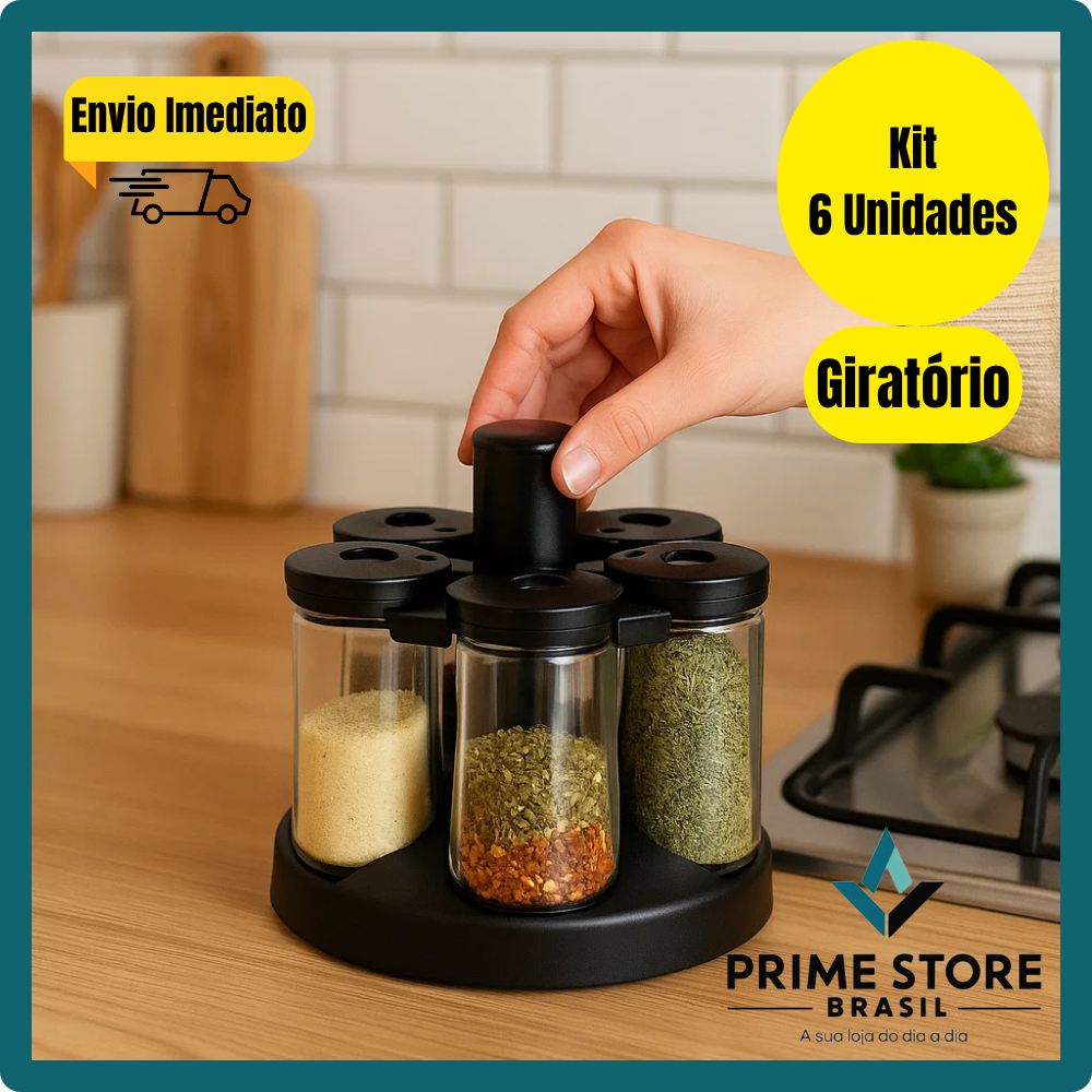 Conjunto 6 Porta Condimentos Vidro com Suporte Giratório Preto Organizador de Temperos Sal Pimenta