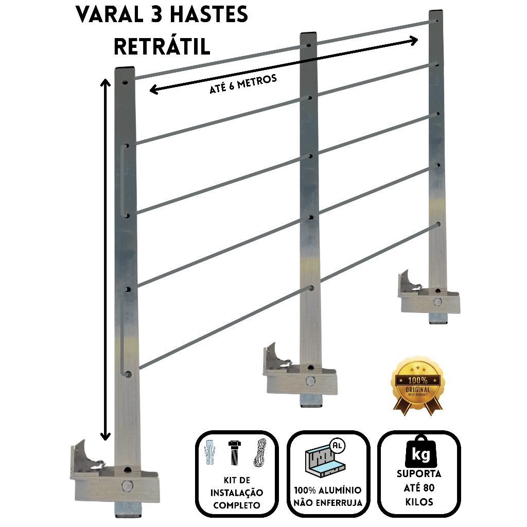 Varal De Roupa Reforçado 80 Kg Dobrável Reclinável  Retrátil 3 Hastes 100% Alumínio