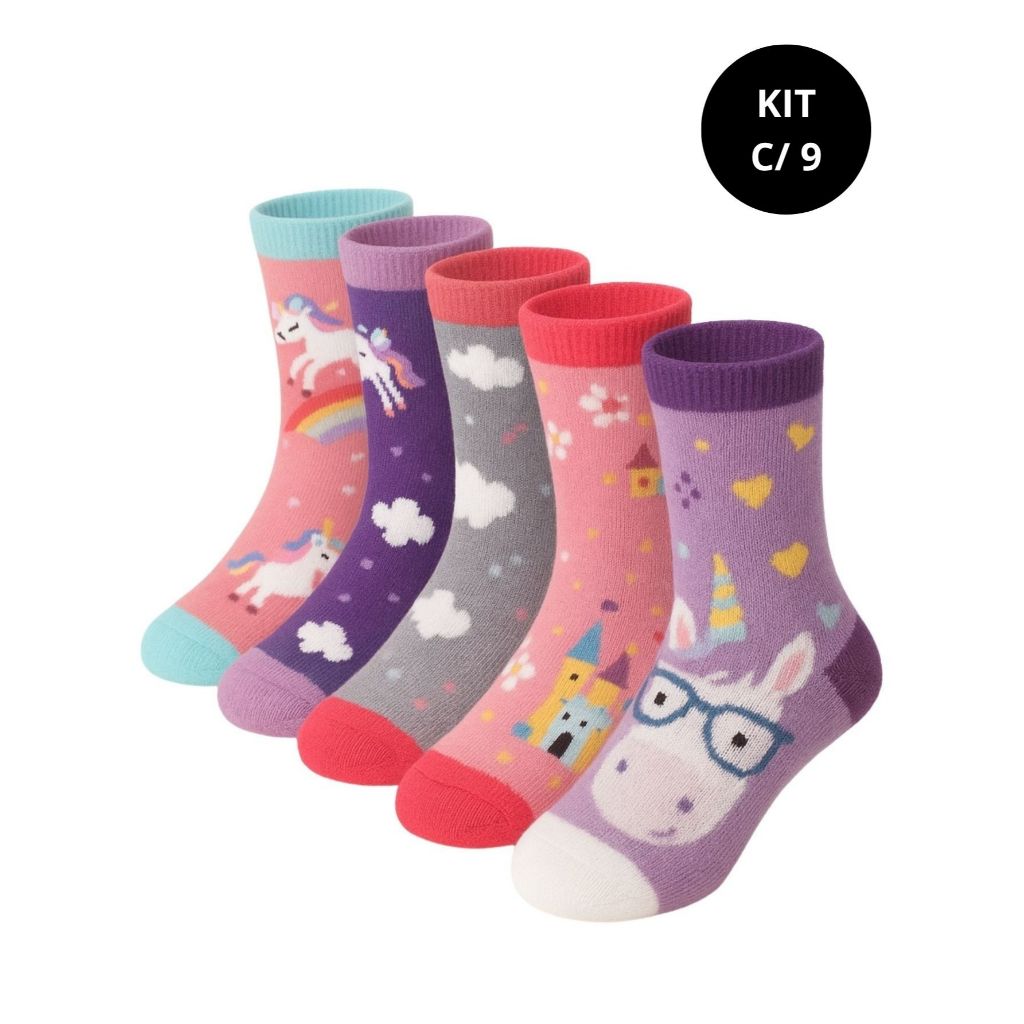 Kit 9 Pares de Meias Infantis Menina Estampadas  – Estampas Enviadas Aleatoriamente - Macias, Leves e Sem Apertar em Oferta na Shopee