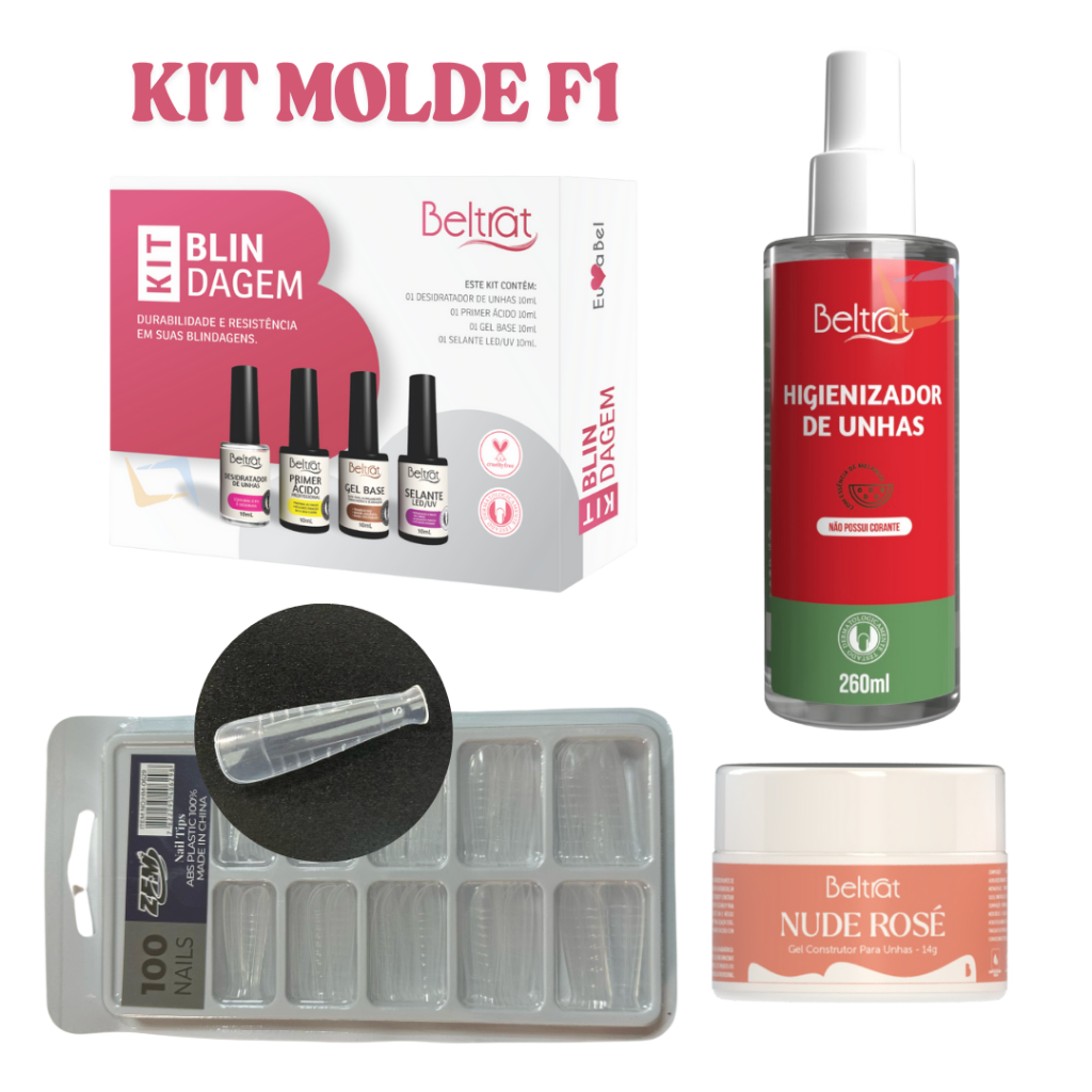 Kit Para Molde F1 Beltrat Kit Blindagem Molde Higienizador 260ml Melacnia F1 Zem Bailarina e Gel Nude Rose 14g