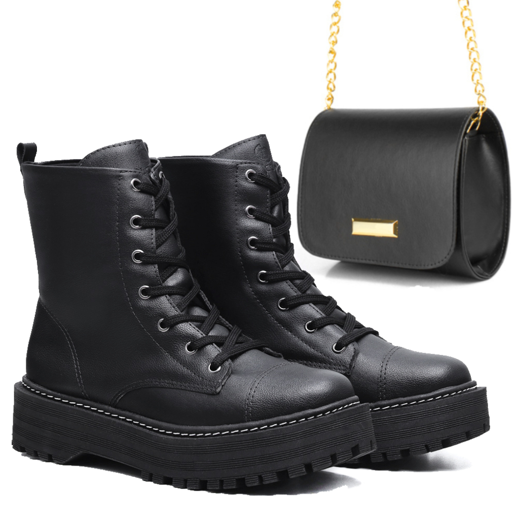 Bota Coturno Feminino Falcucci Cano Curto Sola Tratorada Blogueira Confortável + Bolsa em Oferta na Shopee