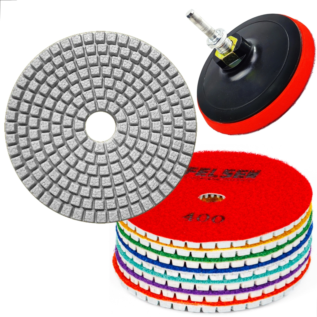 kit 5 Lixa Diamantada p/ polir porcelanatos marmores e granitos 100mm cortes 45 graus + suporte