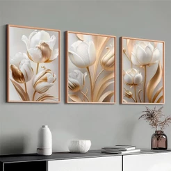 Kit 3 Quadros Decorativos Com Moldura Moderno Peônias Douradas Para Sala Quarto