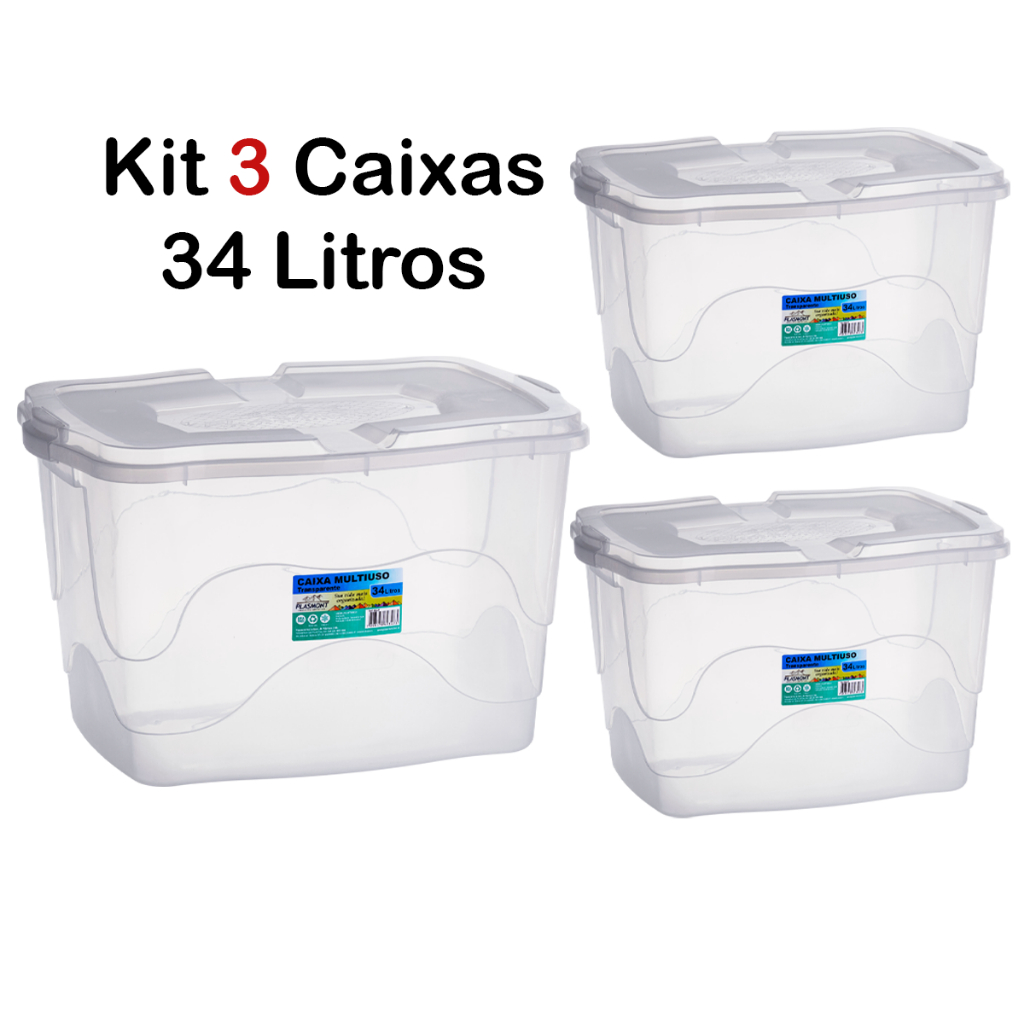 Kit 3 caixa organizadora grande 34L Transparente de Plástico caixa Brinquedos Roupas Livros em Oferta na Shopee