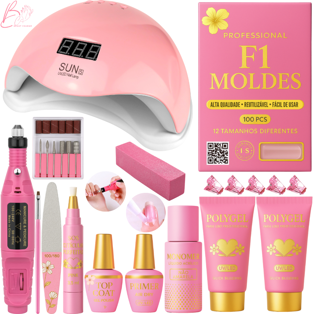 Kit Unha de Gel Alongamento Manicure De Unhas Polygel Lixadeira Caneta Elétrica Caneta Oleo Cabine Estufa Led UV Sun 5