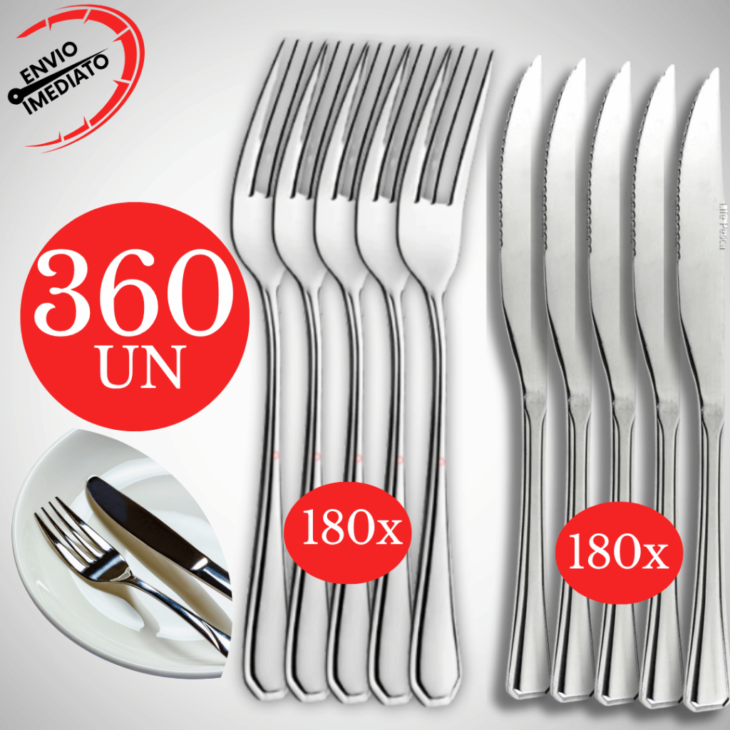 Kit 360 Jogo de Talher Elegance Garfo Faca Com Ponta Aço Inox Churrasco Pizzaria Almoço Jantar