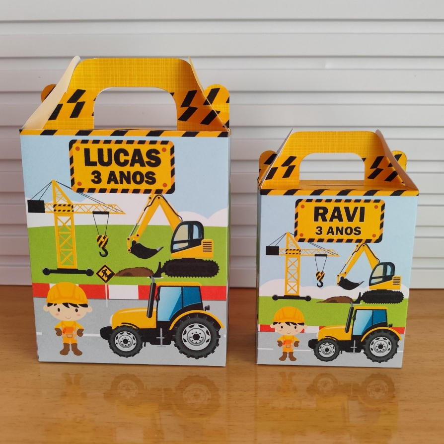 Caixa Maleta Personalizada Trator/Escavadeira - construção - Lembrancinha Festa Infantil/Aniversário