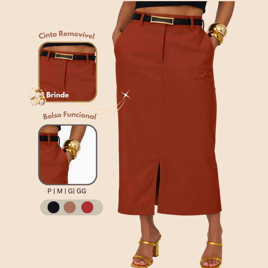 Saia Midi Alfaiataria Com Bolso e Saia com Cinto Saia Evangélica Saia Longa com Bolso Saia Social em Oferta na Shopee