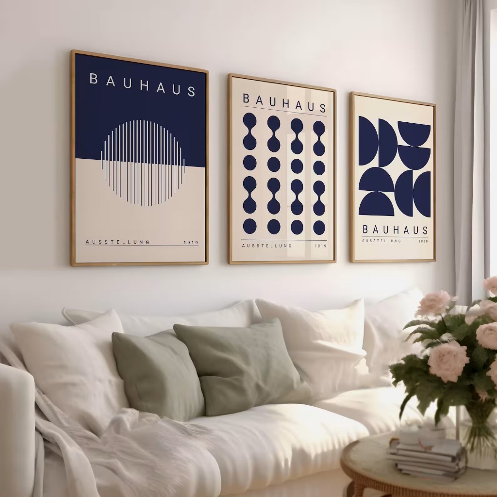 Kit 3 Quadros Decorativos Geométrico Moderno com Moldura Bauhaus – Grade Moderna No1