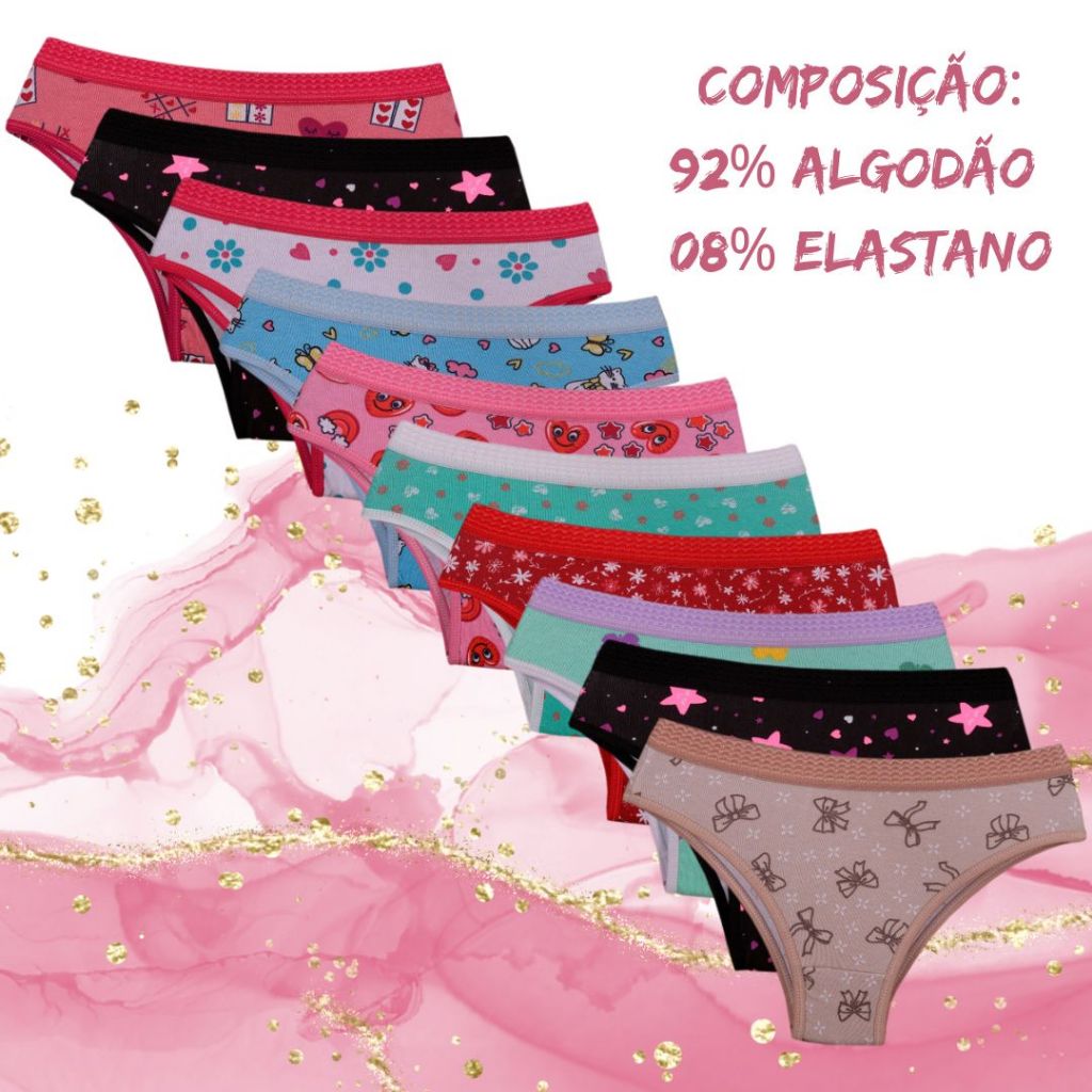 Kit com 5 Calcinhas infantil Estampadas  Cós Elástico Confortável