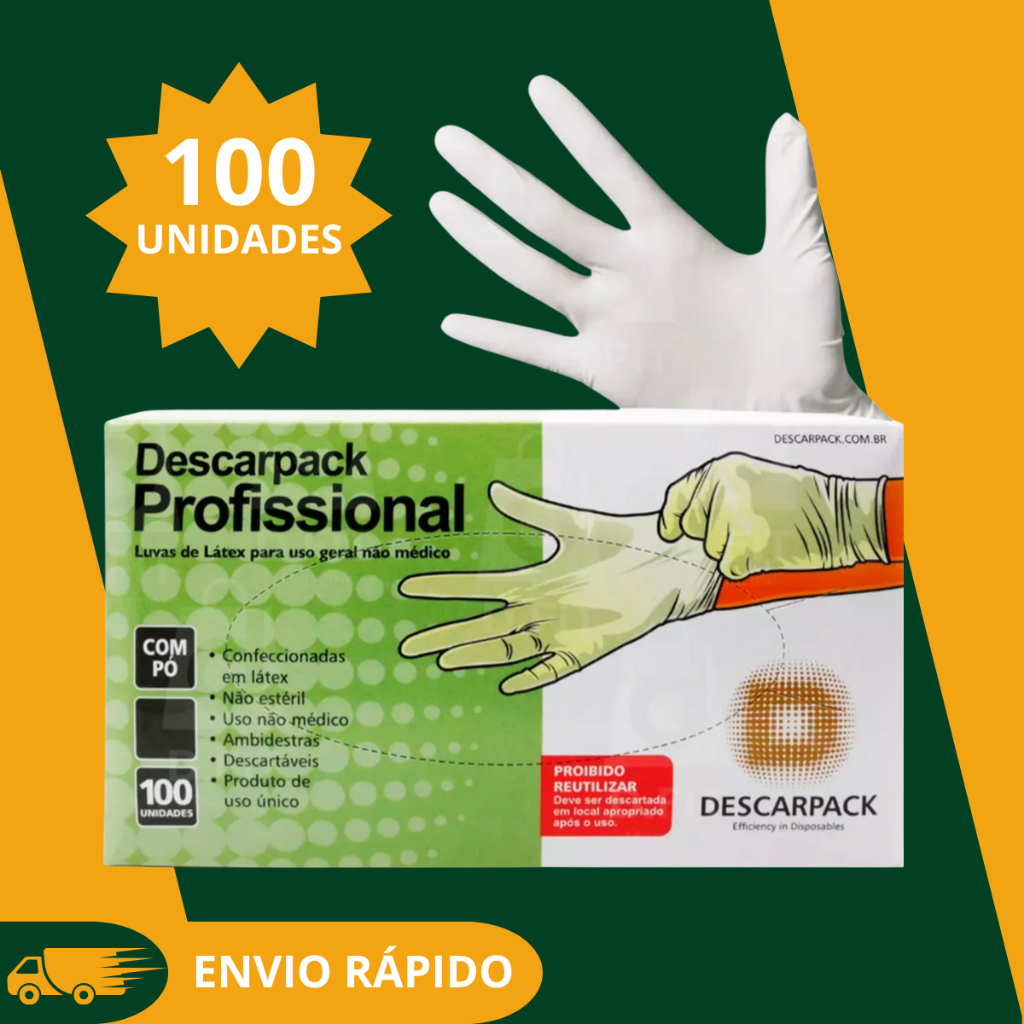 Kit 100 Luva de Procedimento Descartável Descarpack – Látex com Pó Tamanho P M G Uso Médico Hospital