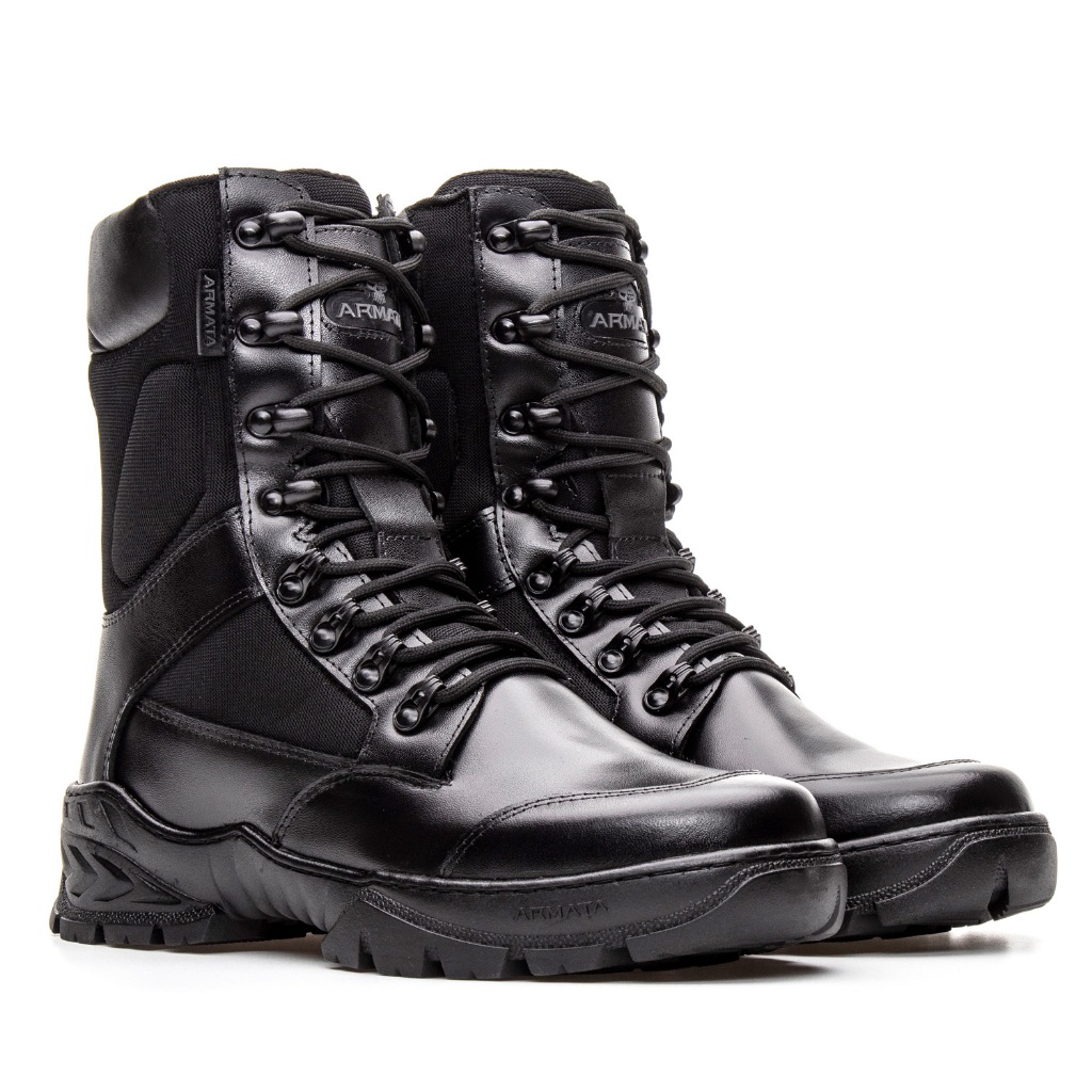 coturno militar masculino cano médio moderno e resistente de altíssima qualidade bota cor preta de couro nobre