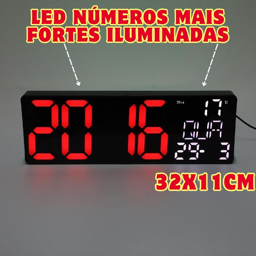 Relógio Digital 32x11Cm Multifuncional Com Calendário Mês Dia Ano E Temperatura Converter