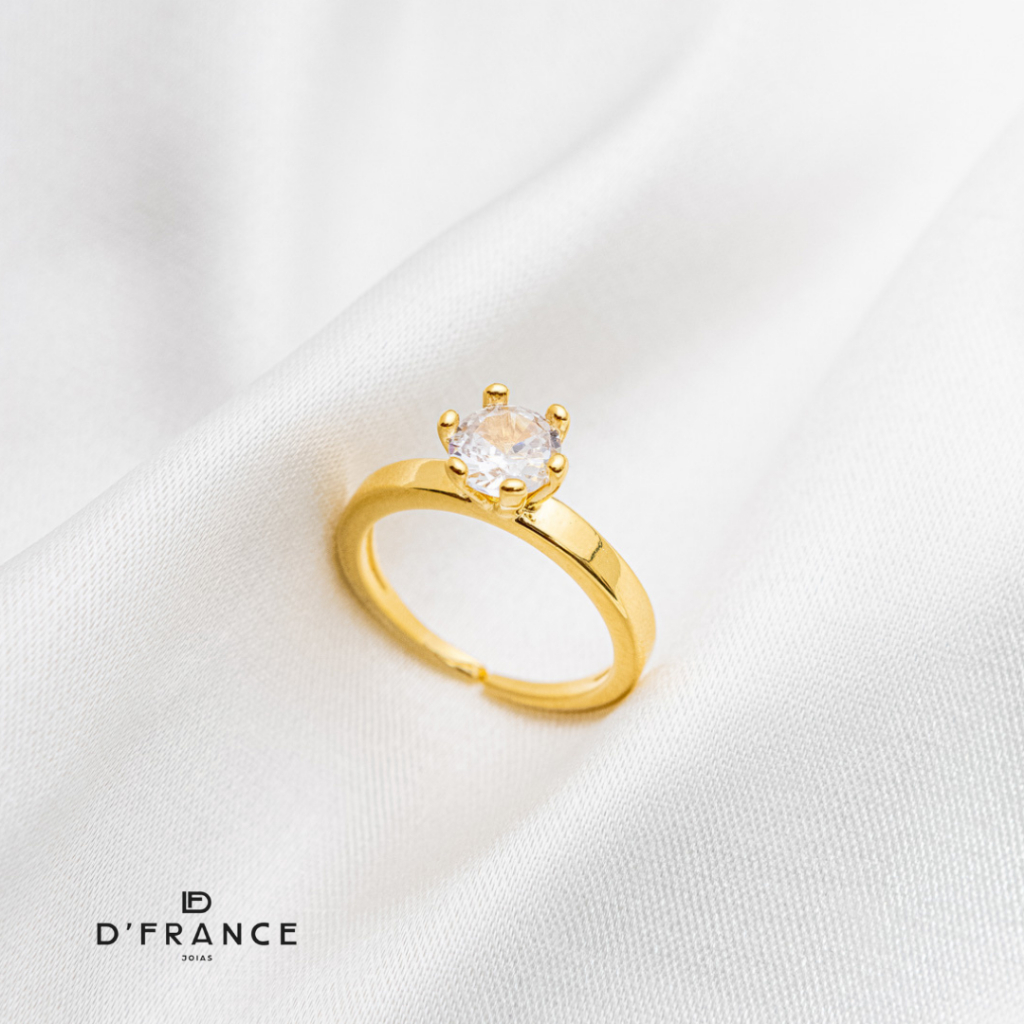 Anel Feminino Solitário com Zircônia Ajustável Banhado a Ouro 18K - D France Semijóias