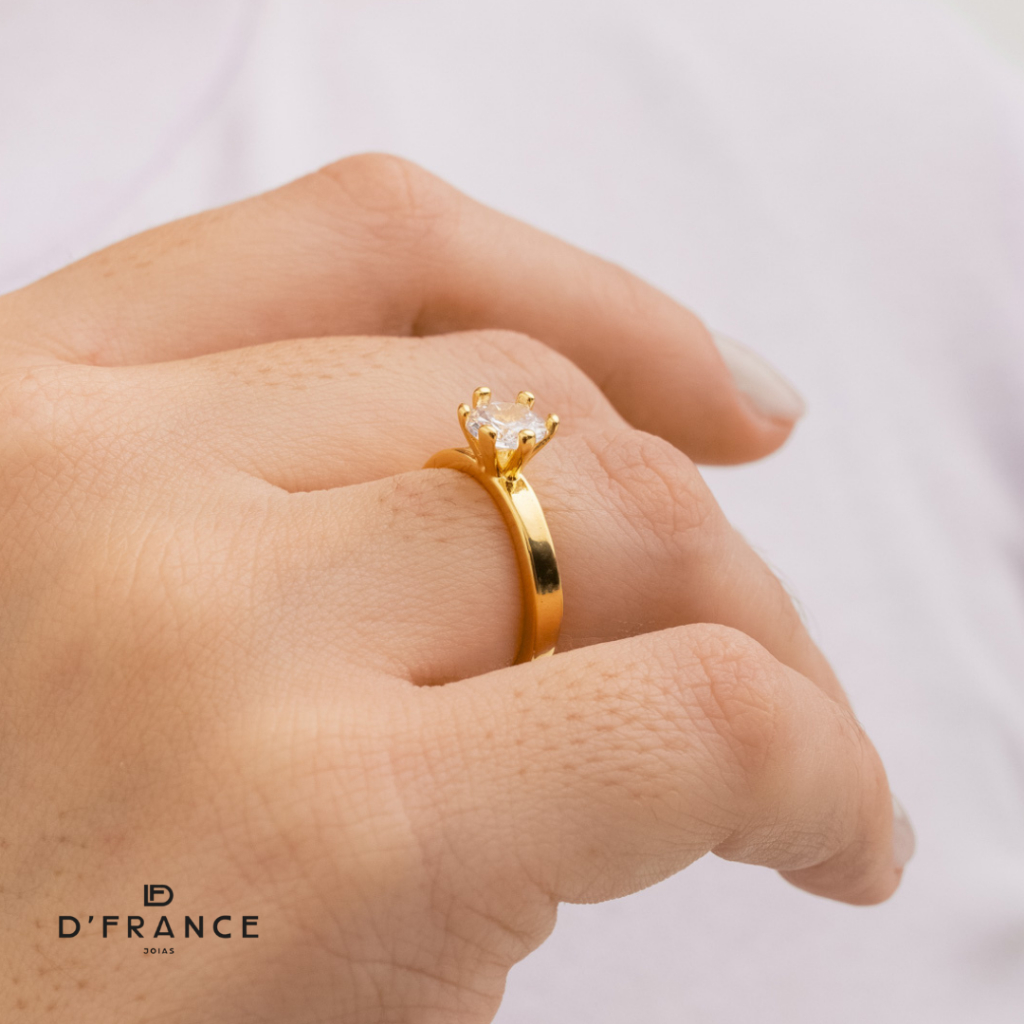 Anel Feminino Solitário com Zircônia Ajustável Folheado a Ouro 18K - D France Semijóias
