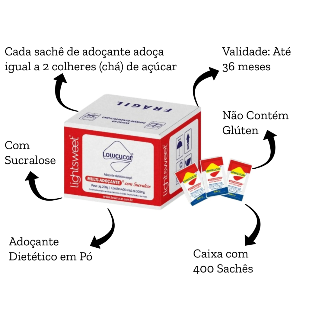 Multi Doce sem Calorias 1,7kcal, Adoçante Lowçucar com Sucralose, Caixa com 400 Sachês 200g