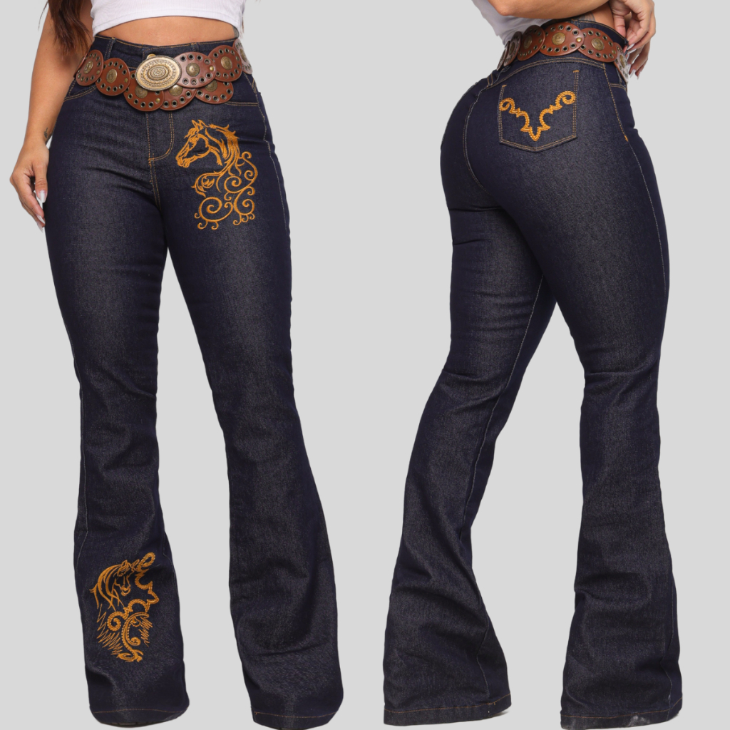 Calça Flare Bordada Feminina COUNTRY Cintura Alta Jeans Western Estilosa Com Lycra Elastano em Oferta na Shopee