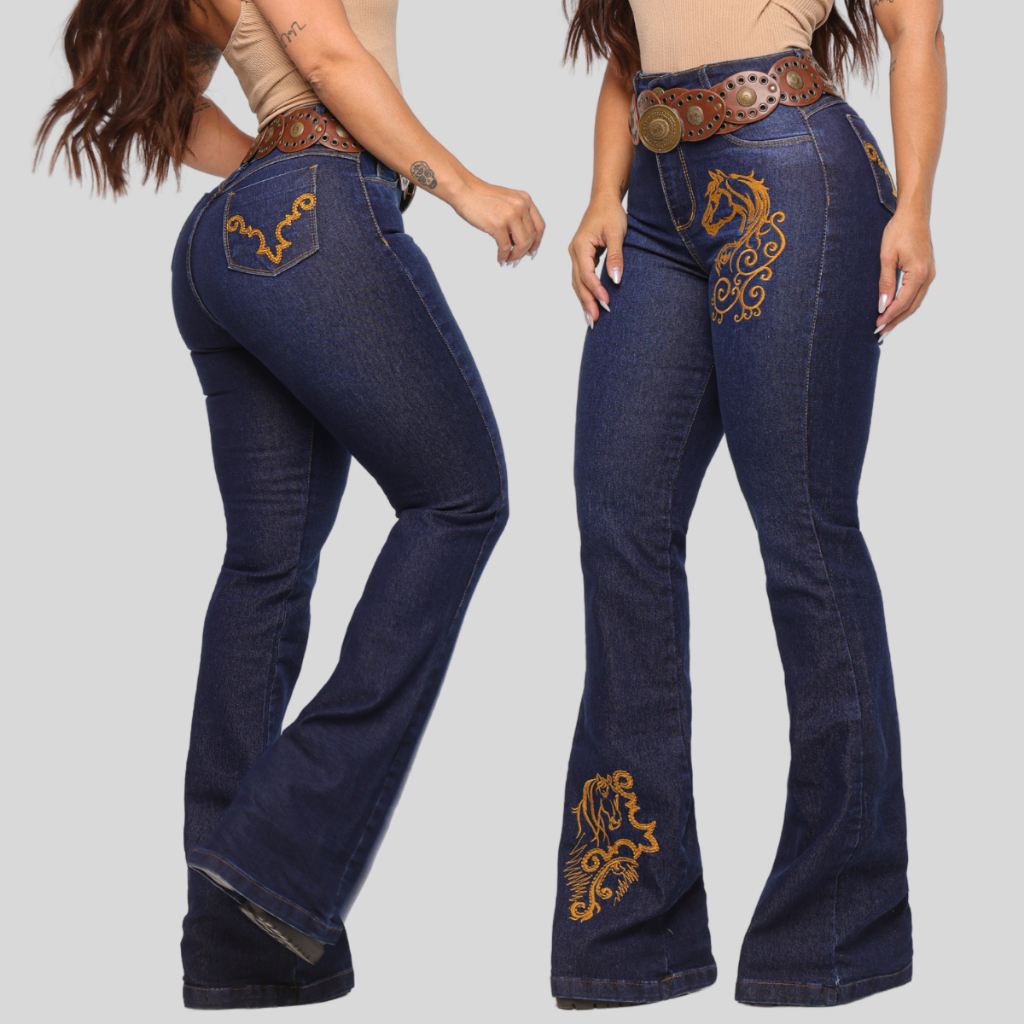 Calça Jeans FEMININA BORDADA Flare Bordada COUNTRY Cintura Alta Estilo Rodeio Com Lycra Elastano