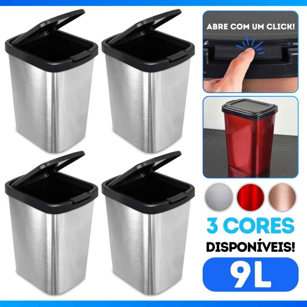 Kit 4 Lixeira 9L Metalizado c/ Tampa Click Banheiro Cozinha