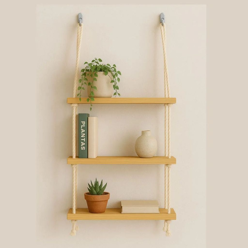 Prateleira de Madeira 3 andares Decoração Suspensa de Parede Porta Quadros Livros Plantas, Prateleira Banheiro Sala
