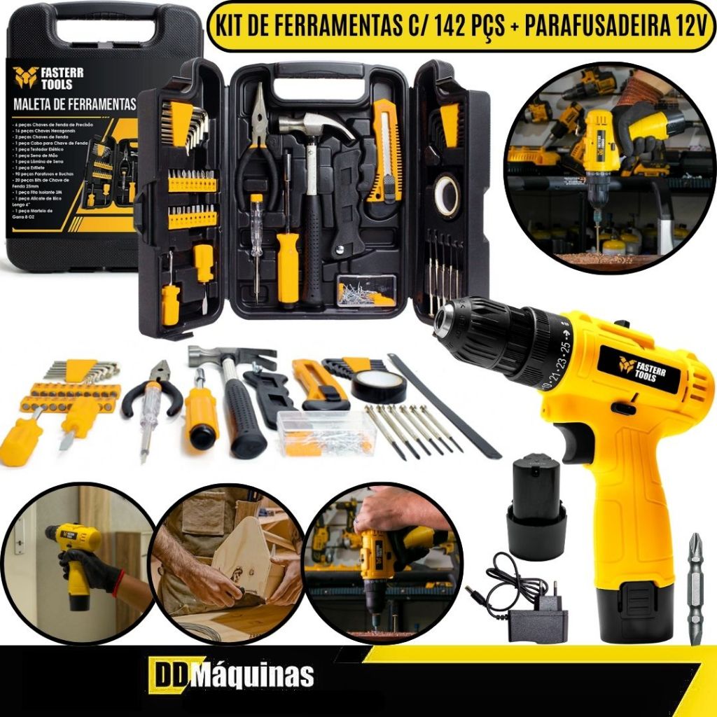 Kit Parafusadeira Furadeira 3/8” 12V + Kit de Ferramentas Com 142 peças + Maleta - Fasterr em Oferta na Shopee