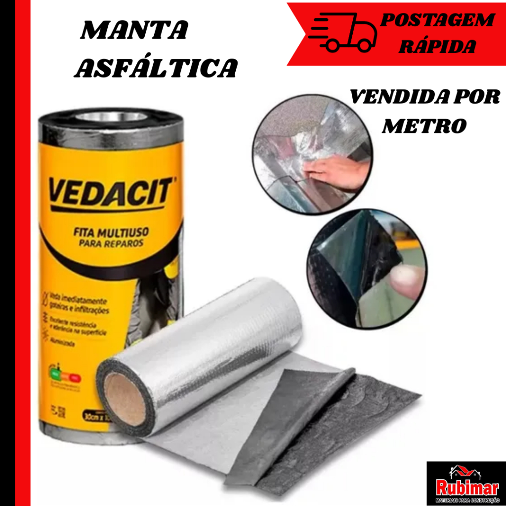 Manta Asfáltica Auto Adesiva Alumínio para Telhado 10cm | 20cm | 30cm | 45cm ~UM METRO~ - VEDACIT