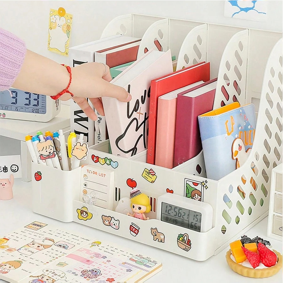 Organizador de Mesa para Livros Cadernos e Papéis + Objetos Diversos - Porta Treco, 4 Divisórias