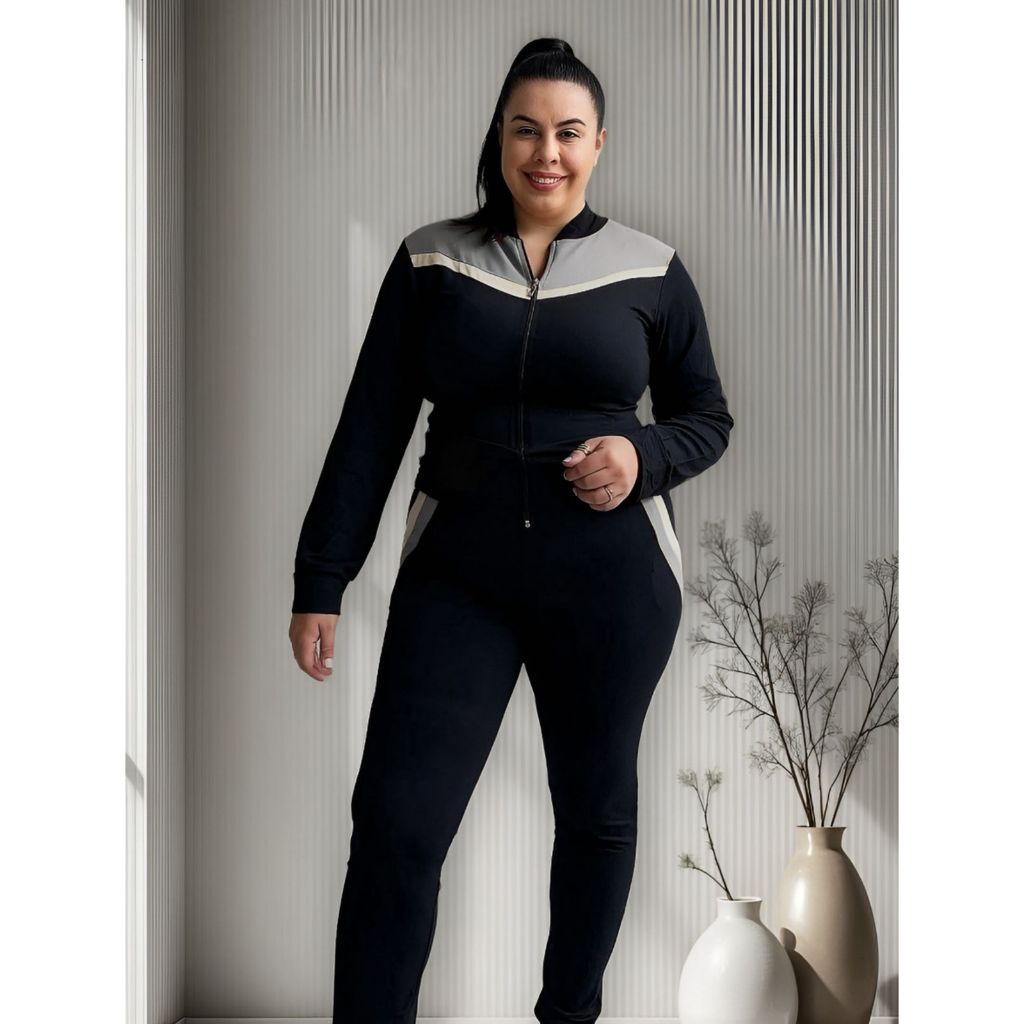 Conjunto Moletinho Slim e Plus Size Blusa Zíper e Calça Jogger Moletinho com Lycra Feminino - Camarim 18