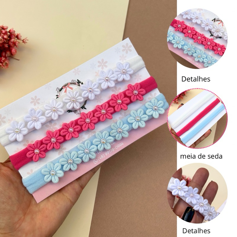 Kit de faixinhas tiara com florzinhas na meia de seda Rn menina bebê colorido