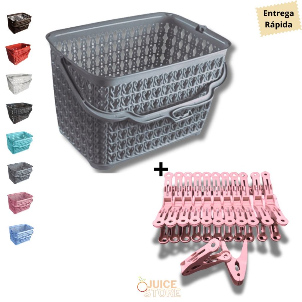 Kit Cesto Multiuso + 24 prendedores de Plástico Resistente com mola de aço inox Cesto para Prendedor