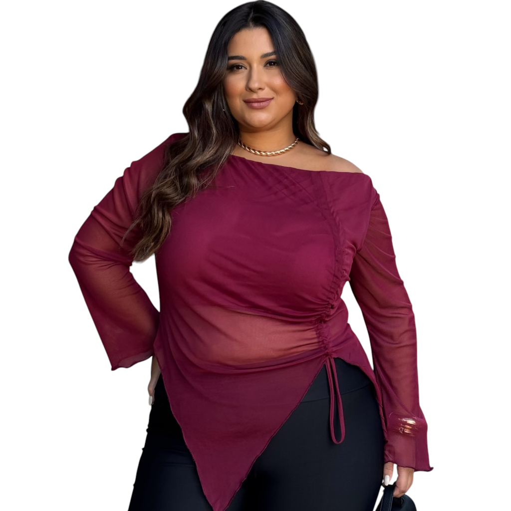 Blusa de Tule Plus Size Boho Manga Longa Gringa Assimétrica em Oferta na Shopee