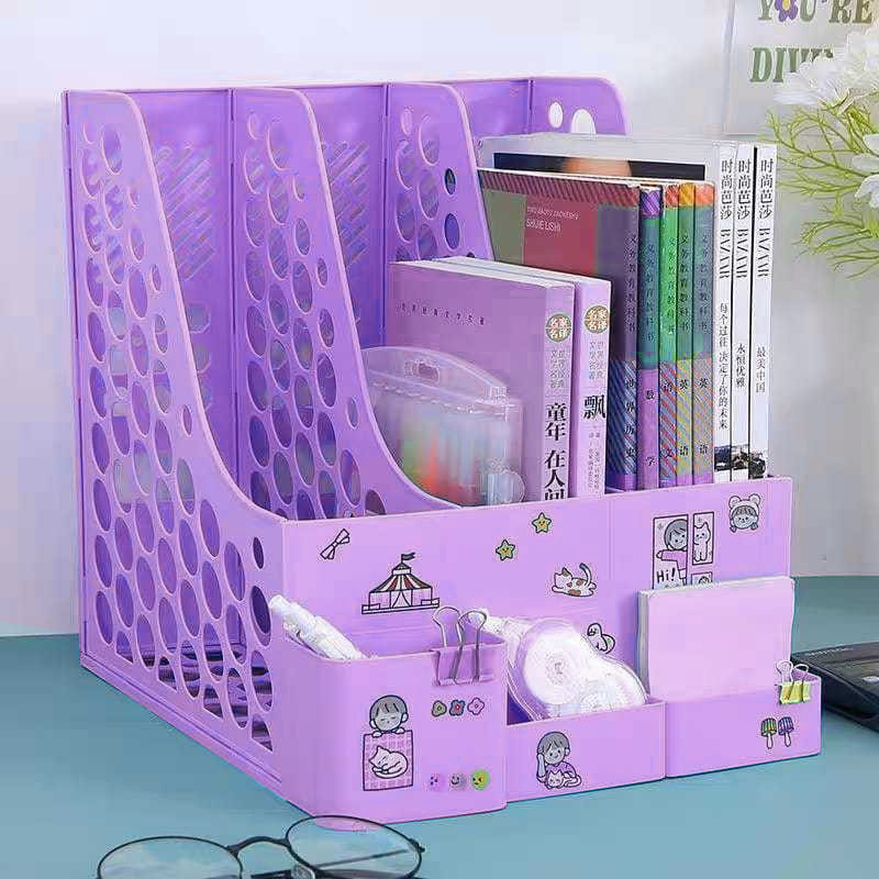 Organizador de Mesa - Porta-Papéis e Livros 3 Divisórias + Porta-Trecos - Cores Diversas + Figurinhas Adesivas