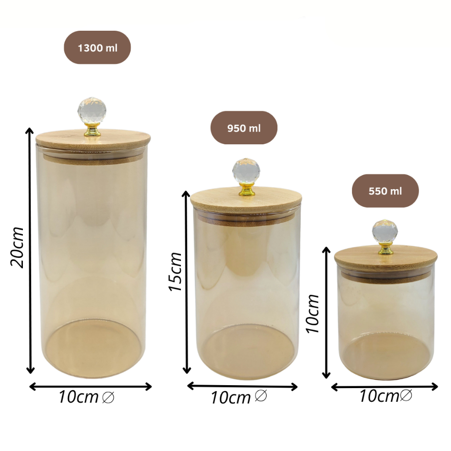 Pote de Vidro ÂMBAR CRISTAL LISO  P Luxo hermético com tampa bambu 500ML Cozinha Porta Condimentos