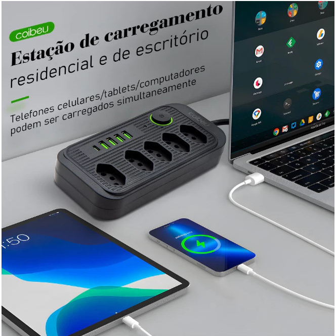 Extensão 5 Tomadas 4 USB 1 Type-C Universal Bivolt Power 110v/220v 2m WKC-541!