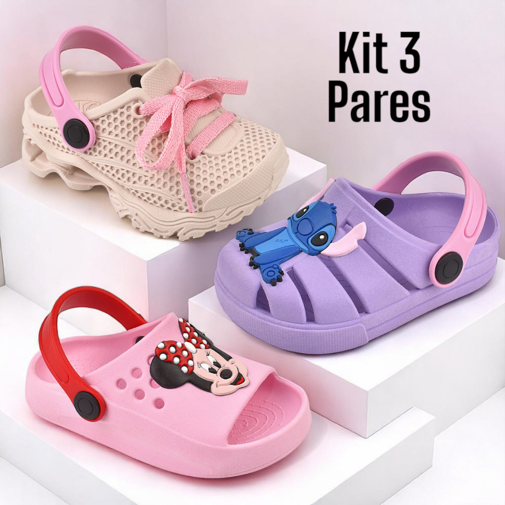 Kit 3 Pares Tênis Infantil Menina Sandália Confortável e Babuche Macio em Oferta na Shopee