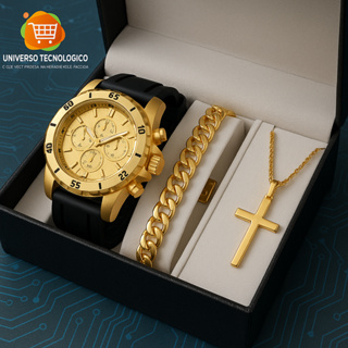 Kit Relógio Masculino Original + Corrente Cruz Banhado a Ouro 18k + Pulseira Luxo em Oferta na Shopee