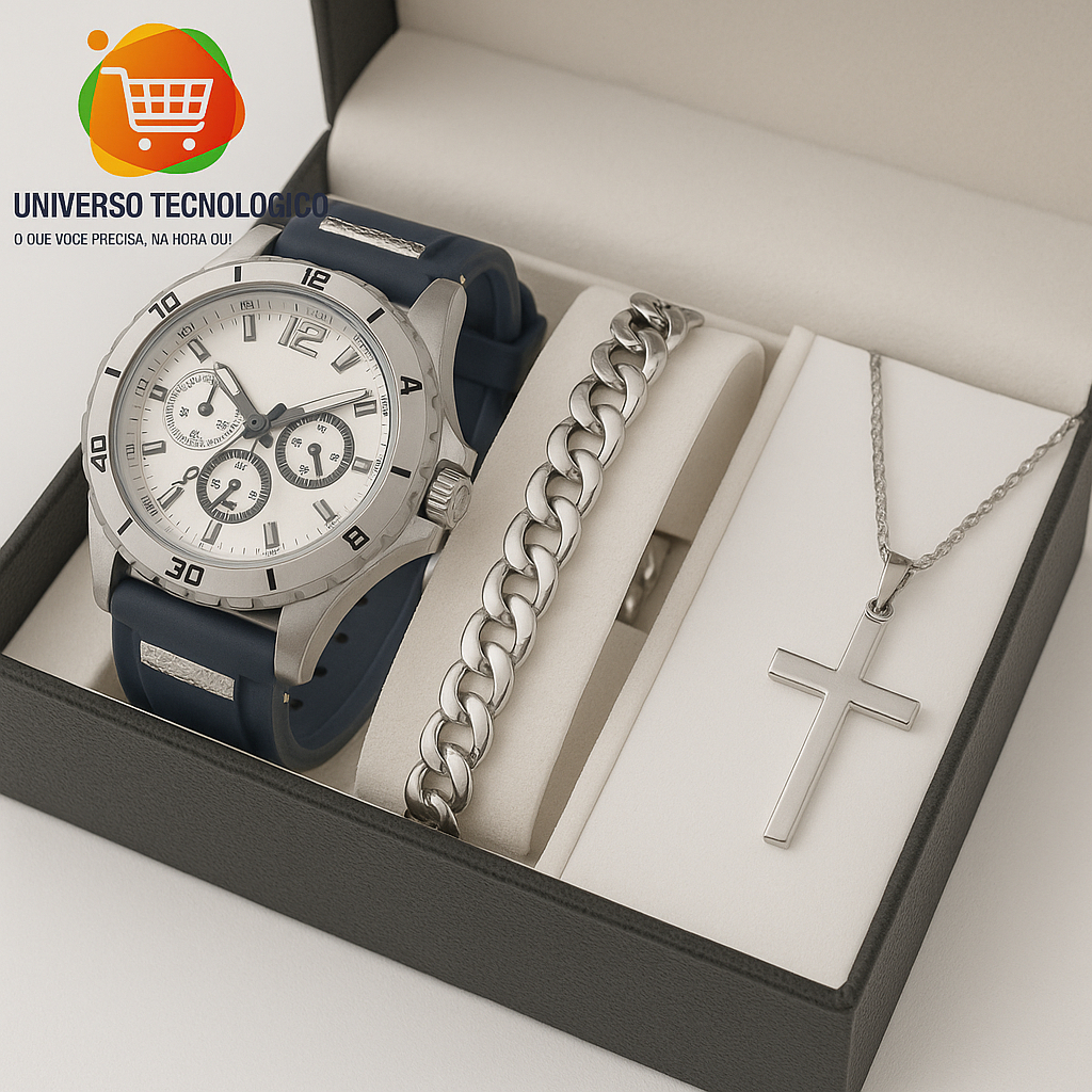 Kit Relógio Masculino Original + Corrente Cruz Banhado a Ouro 18k + Pulseira Luxo